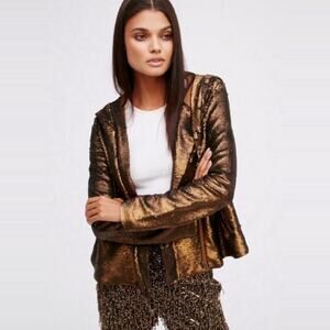 Free People Hooded Sequin Jacket Medium Terracotta Gold Bronze